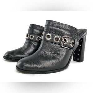 Trina Turk, women’s 8, Willoughby black leather and silver studded heeled mules